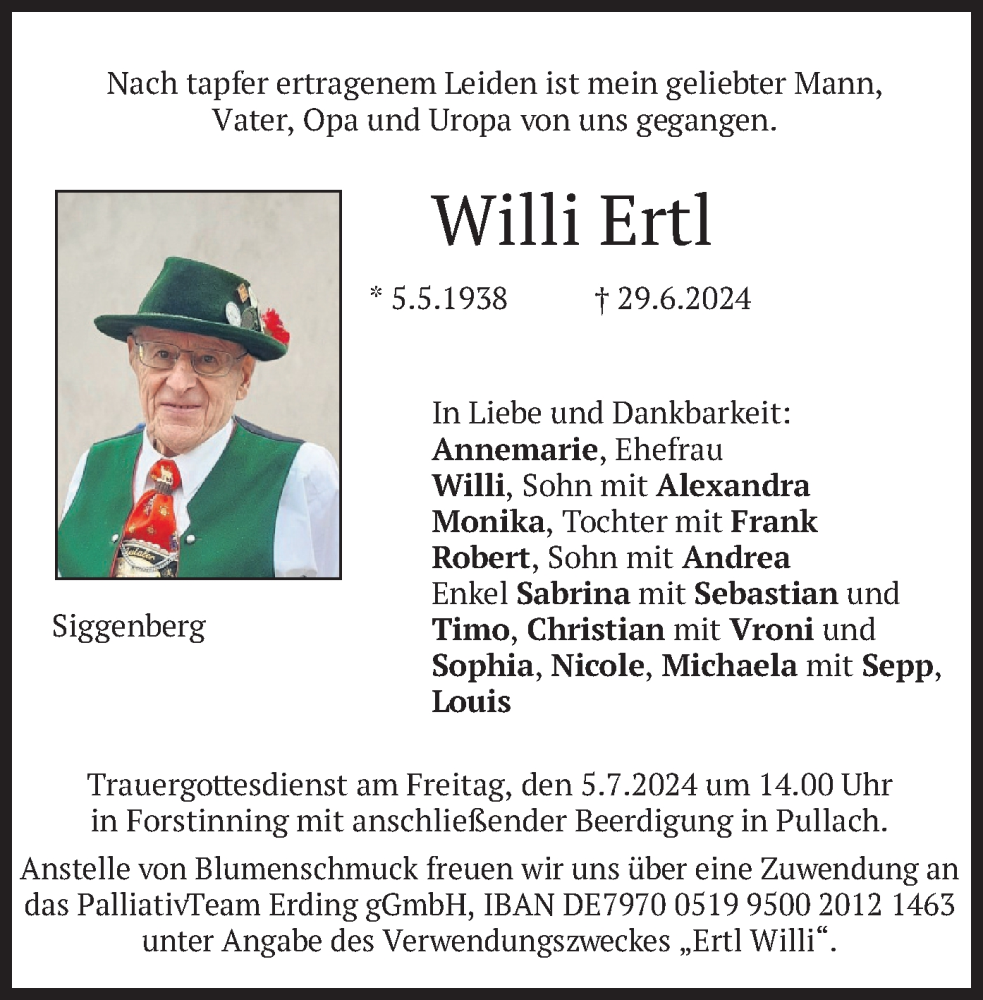  Traueranzeige für Willi Ertl vom 03.07.2024 aus merkurtz