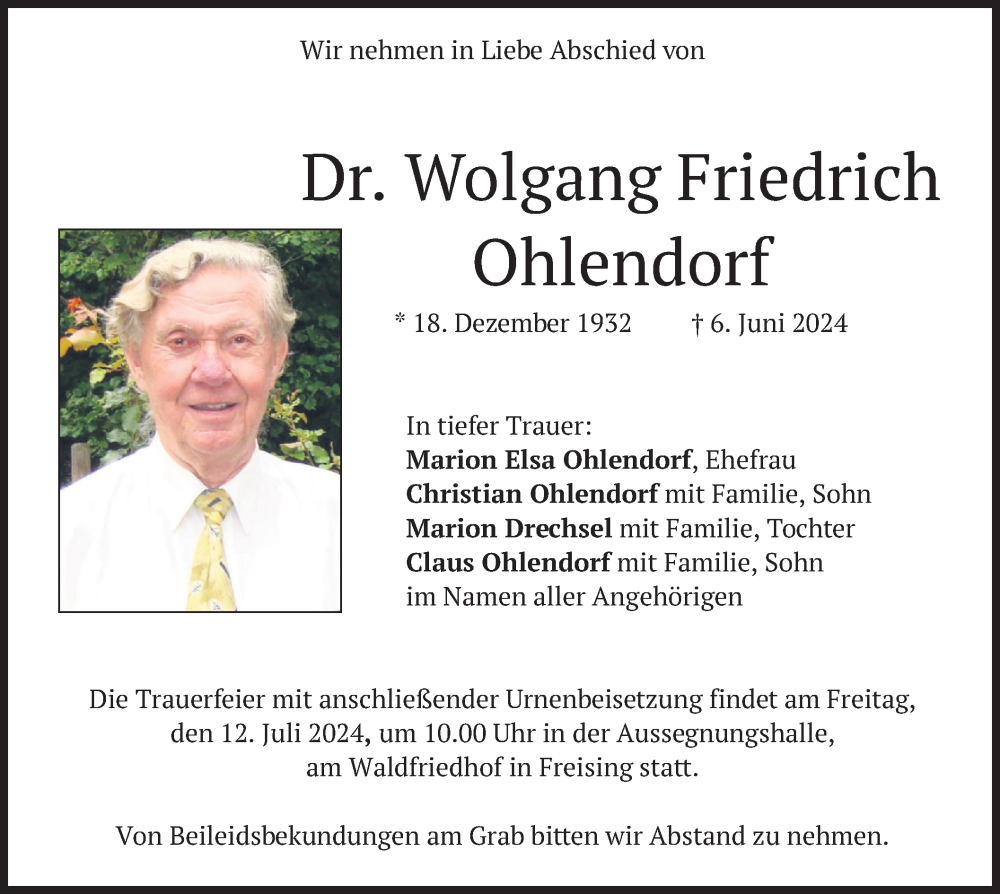  Traueranzeige für Wolgang Friedrich Ohlendorf vom 06.07.2024 aus merkurtz