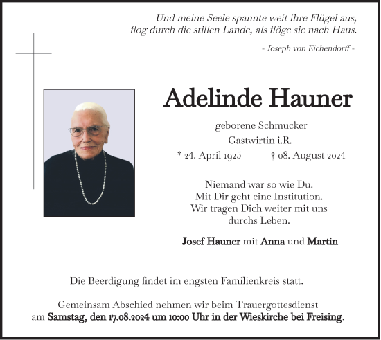 Traueranzeige von Adelinde Hauner von merkurtz