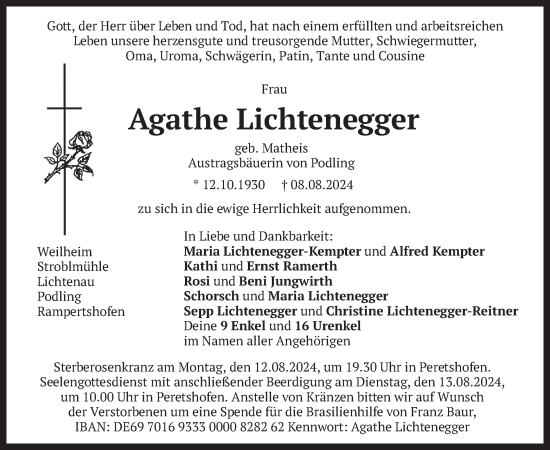 Traueranzeige von Agathe Lichtenegger von merkurtz