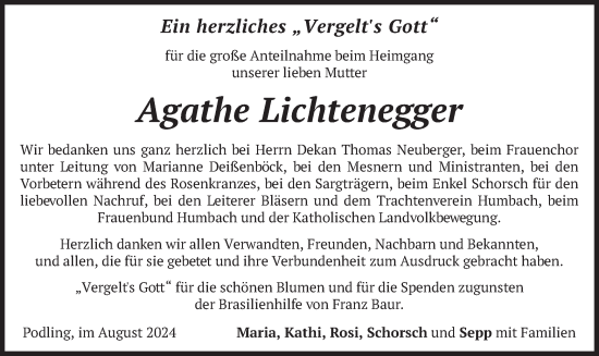 Traueranzeige von Agathe Lichtenegger von merkurtz