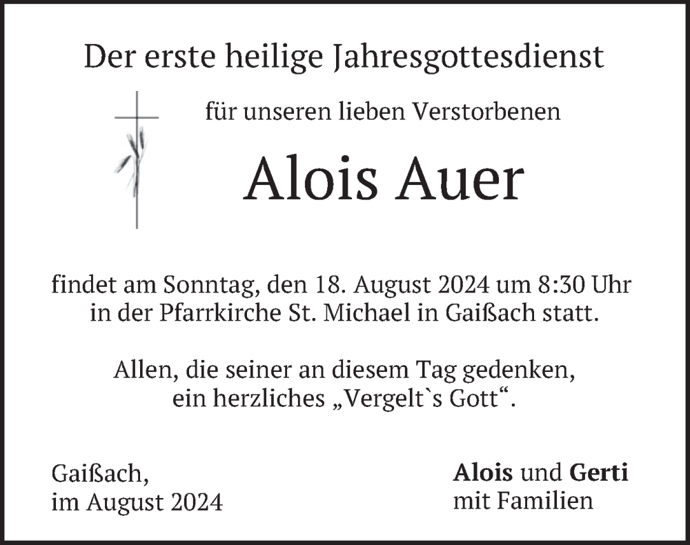  Traueranzeige für Alois Auer vom 16.08.2024 aus merkurtz
