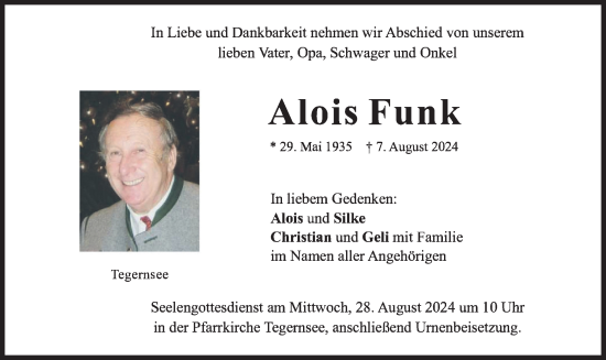 Traueranzeige von Alois Funk von merkurtz