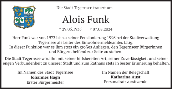 Traueranzeige von Alois Funk von merkurtz