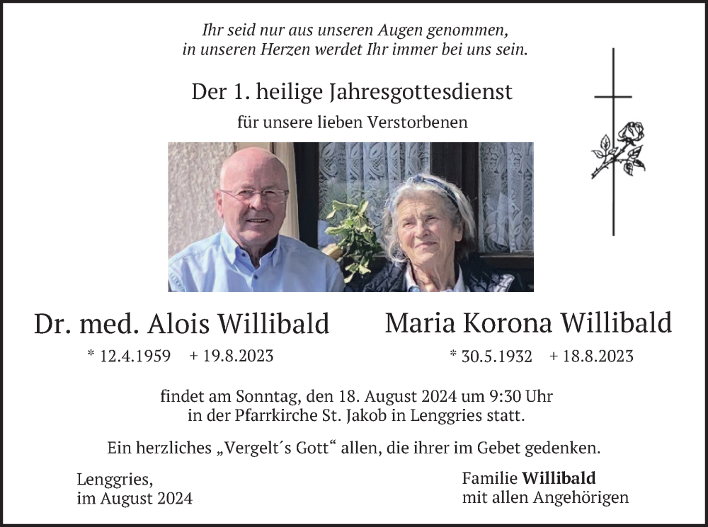  Traueranzeige für Alois und Maria Korona Willibald vom 17.08.2024 aus merkurtz