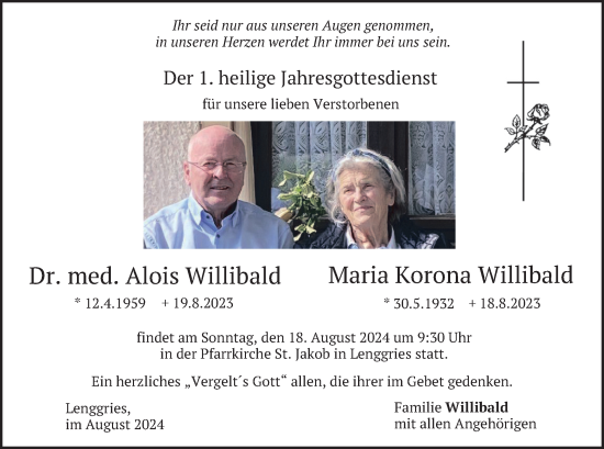 Traueranzeige von Alois und Maria Korona Willibald von merkurtz