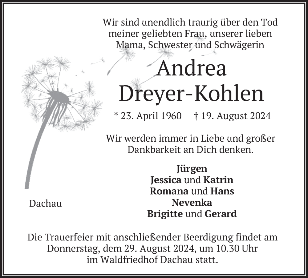  Traueranzeige für Andrea Dreyer-Kohlen vom 24.08.2024 aus merkurtz