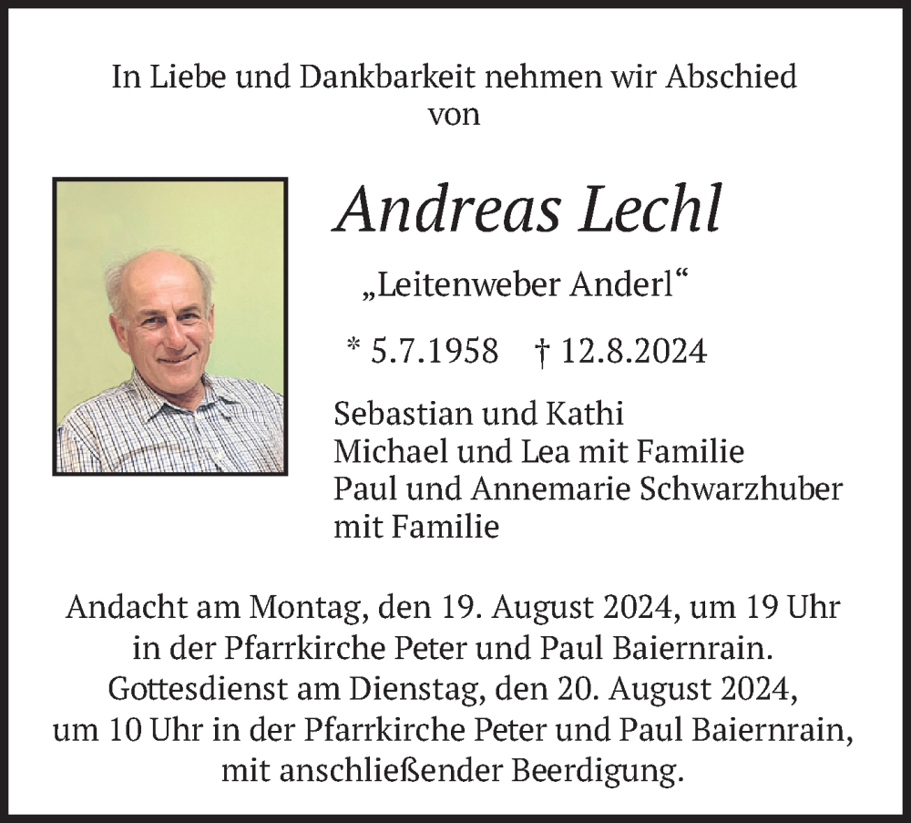  Traueranzeige für Andreas Lechl vom 17.08.2024 aus merkurtz