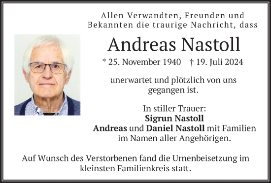 Traueranzeige von Andreas Nastoll von merkurtz