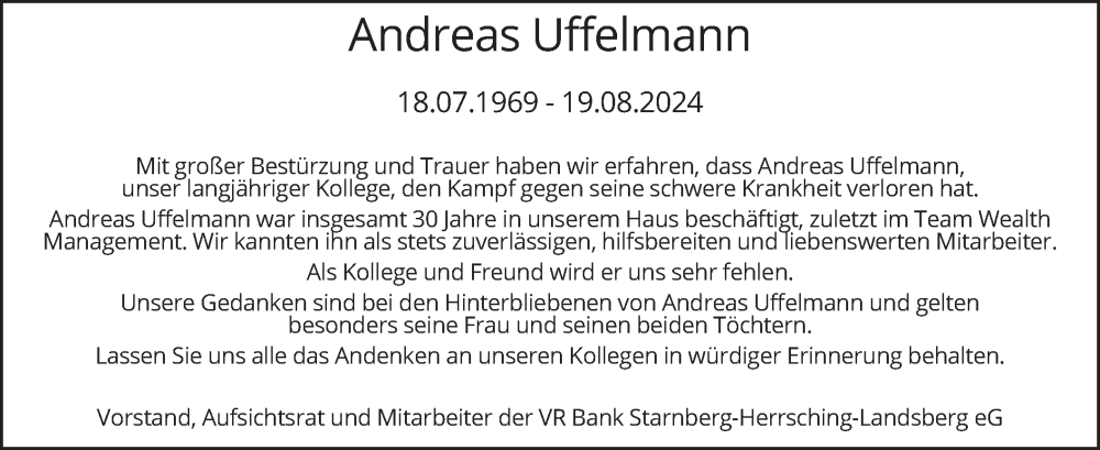  Traueranzeige für Andreas Uffelmann vom 24.08.2024 aus merkurtz