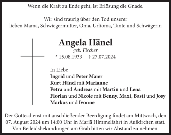 Traueranzeige von Angela Hänel von merkurtz
