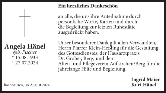 Traueranzeige von Angela Hänel von merkurtz