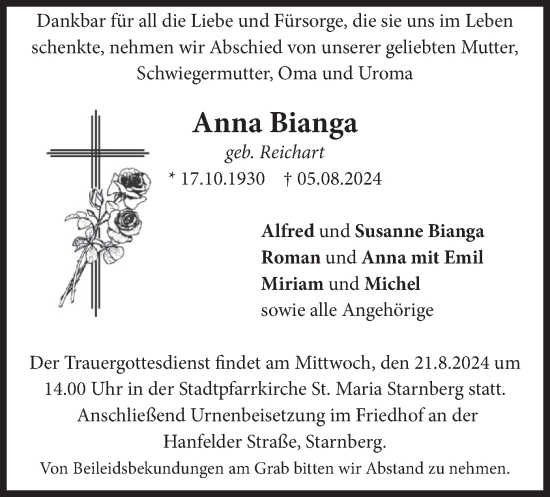 Traueranzeige von Anna Bianga von merkurtz