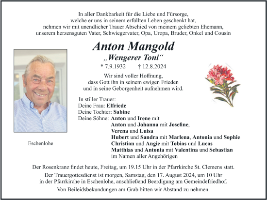 Traueranzeige von Anton Mangold von merkurtz