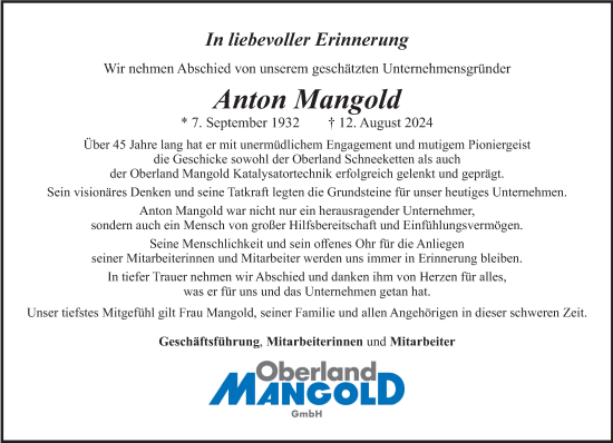 Traueranzeige von Anton Mangold von merkurtz