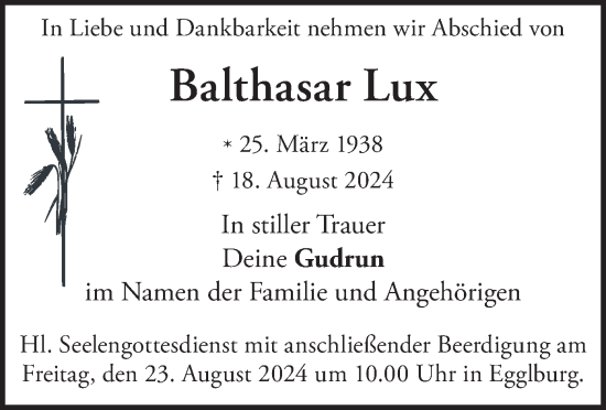 Traueranzeige von Balthasar Lux von merkurtz