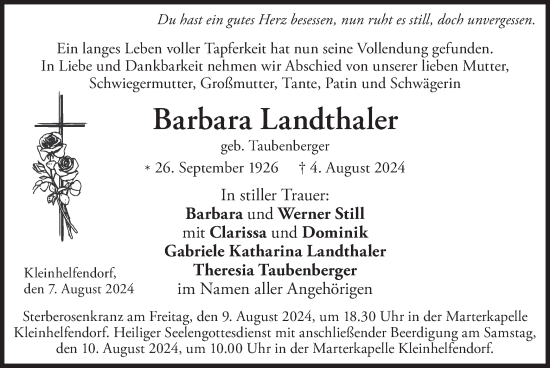 Traueranzeige von Barbara Landthaler von merkurtz