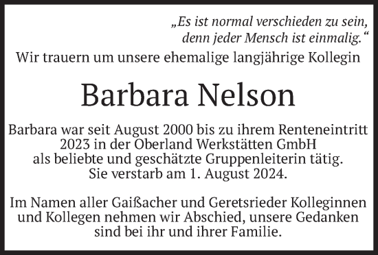 Traueranzeige von Barbara Nelson von merkurtz