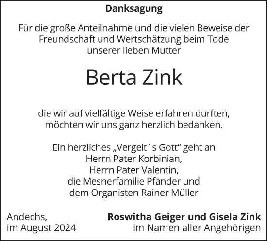 Traueranzeige von Berta Zink von merkurtz