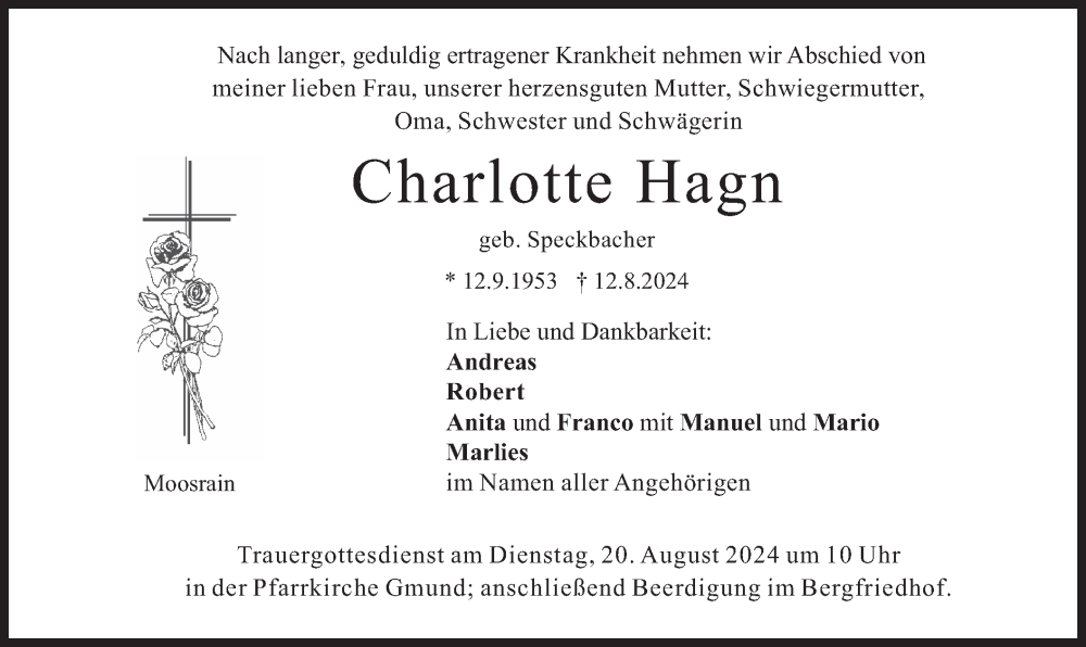  Traueranzeige für Charlotte Hagn vom 17.08.2024 aus merkurtz