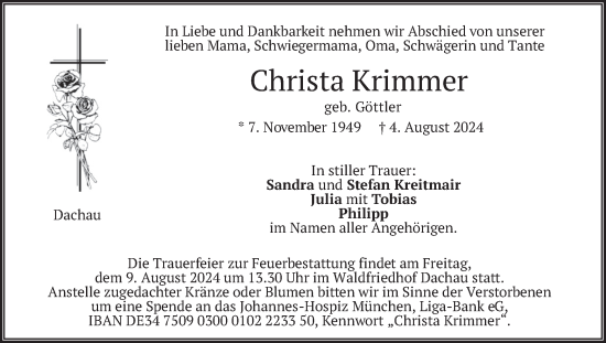 Traueranzeige von Christa Krimmer von merkurtz