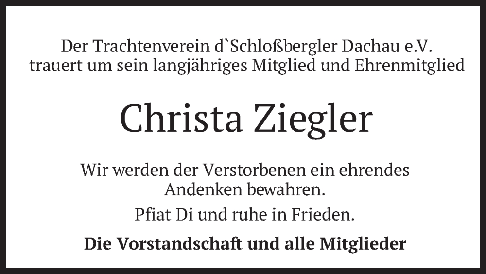  Traueranzeige für Christa Ziegler vom 03.08.2024 aus merkurtz