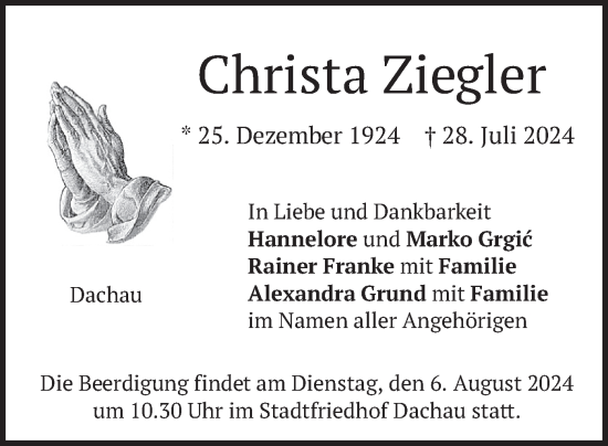 Traueranzeige von Christa Ziegler von merkurtz