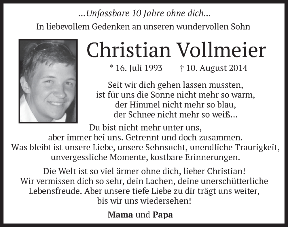  Traueranzeige für Christian Vollmeier vom 10.08.2024 aus merkurtz