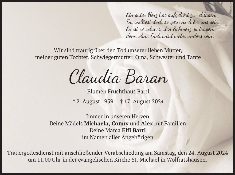  Traueranzeige für Claudia Baran vom 21.08.2024 aus merkurtz