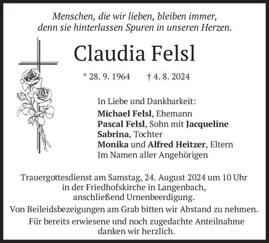 Traueranzeige von Claudia Felsl von merkurtz