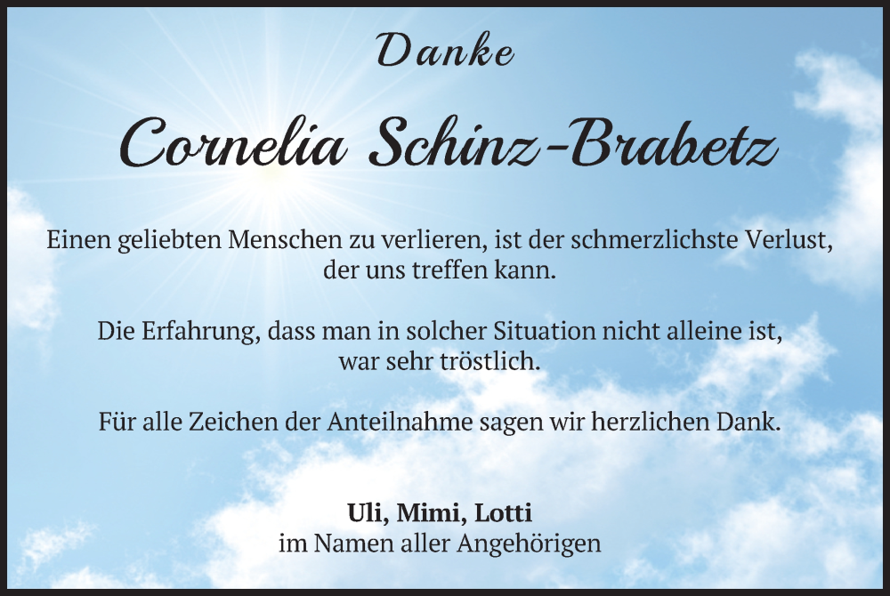  Traueranzeige für Cornelia Schinz-Brabetz vom 29.08.2024 aus merkurtz