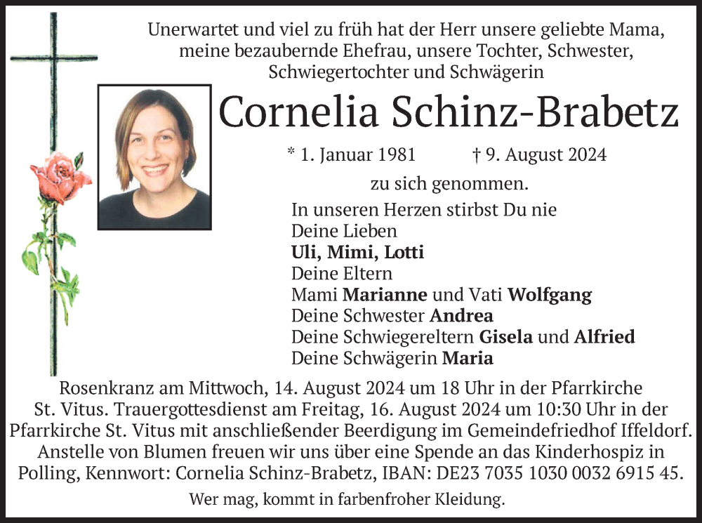  Traueranzeige für Cornelia Schinz-Brabetz vom 13.08.2024 aus merkurtz