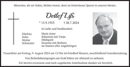 Traueranzeige von Detlef Liß Anne von merkurtz