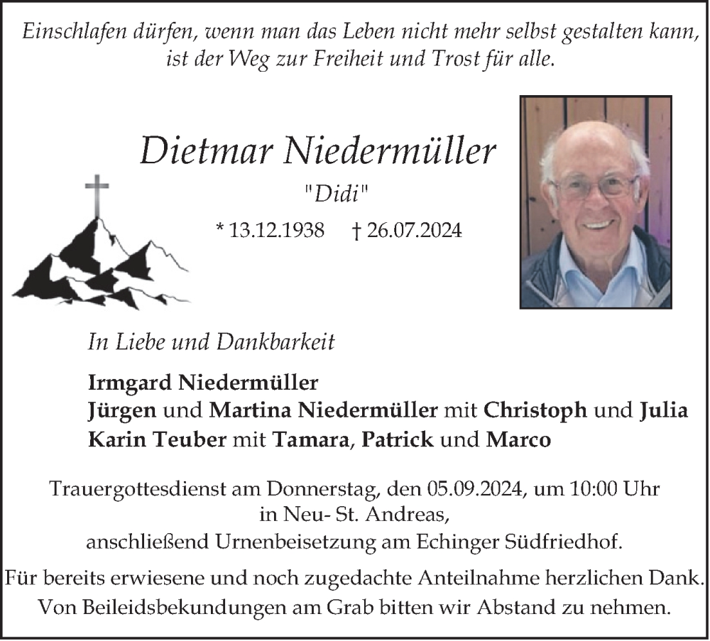  Traueranzeige für Dietmar Niedermüller vom 31.08.2024 aus merkurtz
