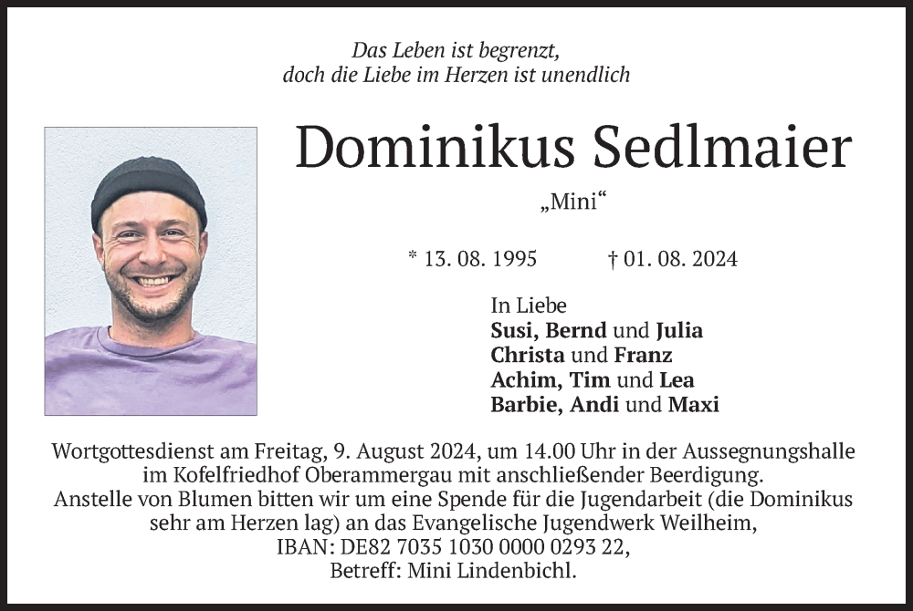  Traueranzeige für Dominikus Sedlmaier vom 07.08.2024 aus merkurtz