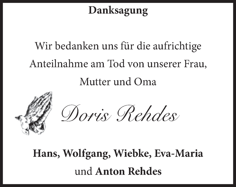  Traueranzeige für Doris Rehdes vom 31.08.2024 aus merkurtz