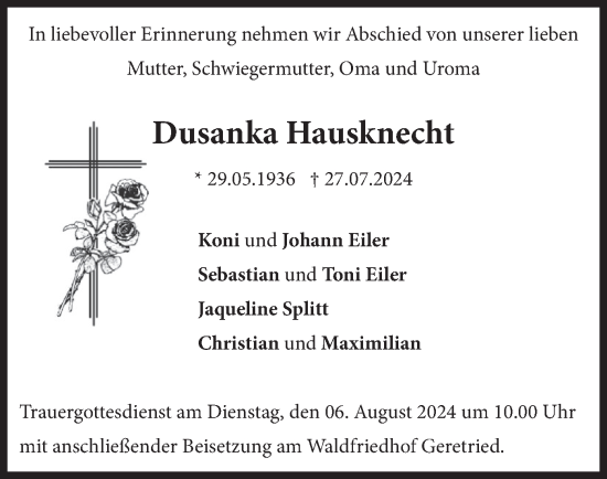 Traueranzeige von Dusanka Hausknecht von merkurtz