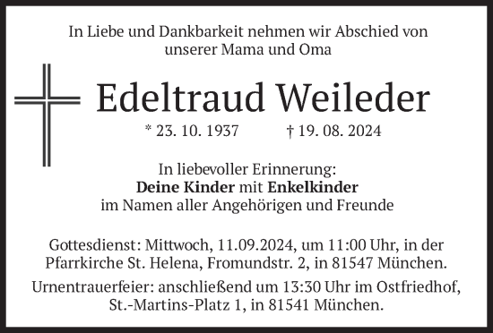 Traueranzeige von Edeltraud Weileder von merkurtz