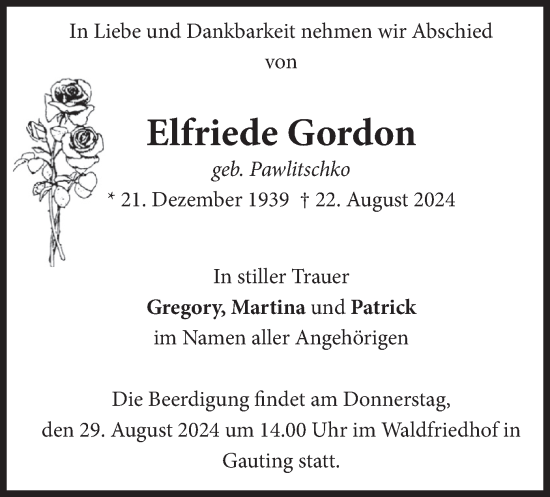 Traueranzeige von Elfriede Gordon von merkurtz