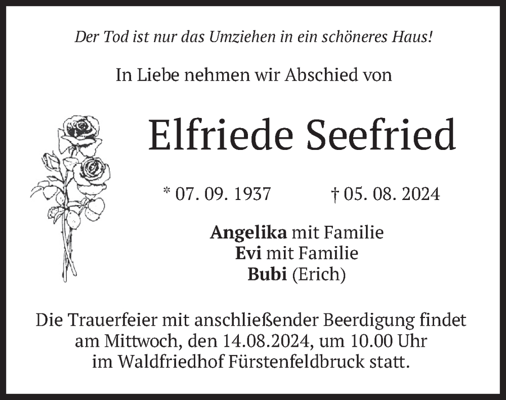  Traueranzeige für Elfriede Seefried vom 10.08.2024 aus merkurtz