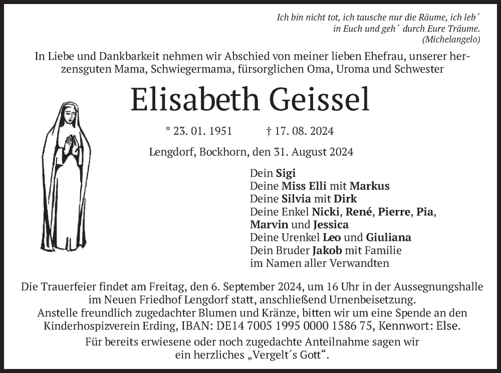  Traueranzeige für Elisabeth Geissel vom 31.08.2024 aus merkurtz