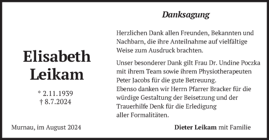 Traueranzeige von Elisabeth Leikam von merkurtz
