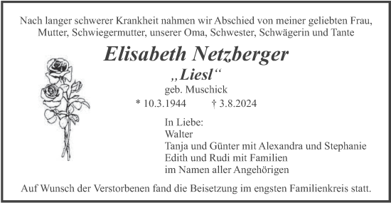 Traueranzeige von Elisabeth Netzberger von merkurtz