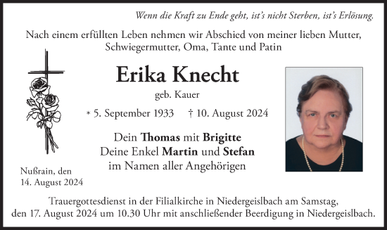 Traueranzeige von Erika Knecht von merkurtz