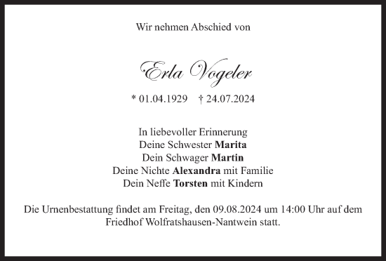 Traueranzeige von Erla Vogeler von merkurtz