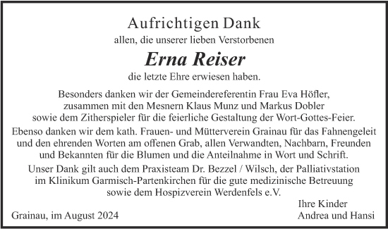 Traueranzeige von Erna Reiser von merkurtz