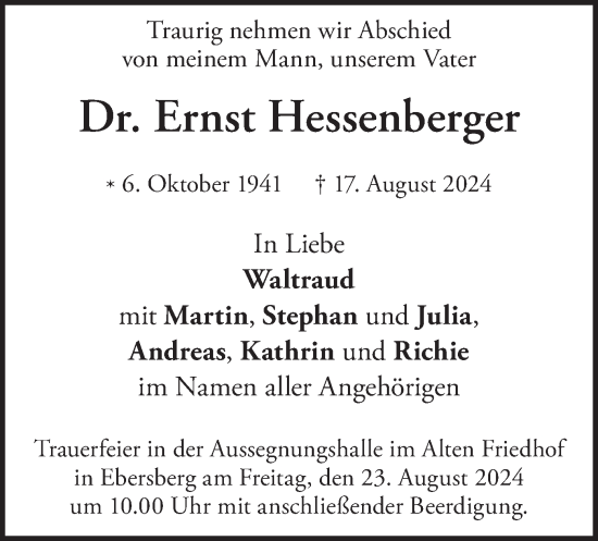 Traueranzeige von Ernst Hessenberger von merkurtz
