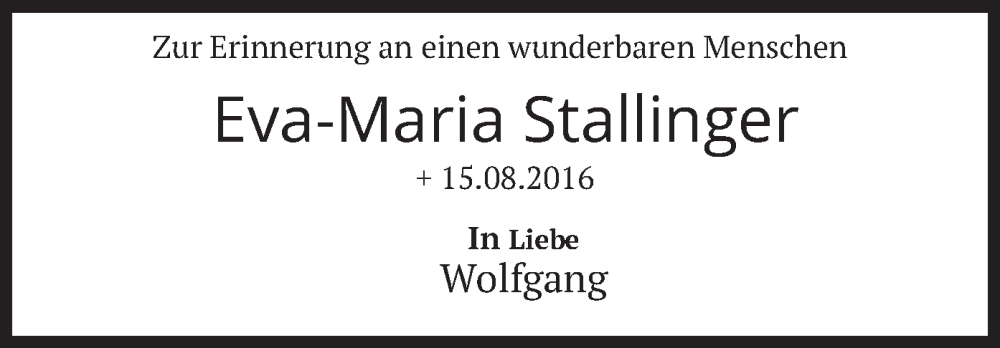  Traueranzeige für Eva-Maria Stallinger vom 14.08.2024 aus merkurtz