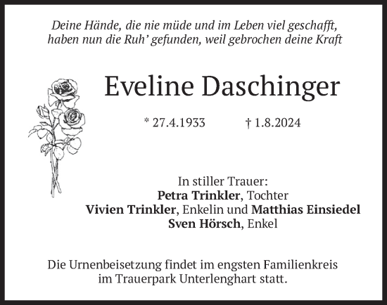 Traueranzeige von Eveline Daschinger von merkurtz