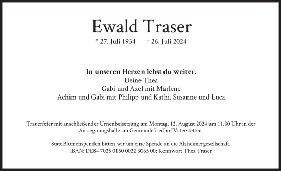 Traueranzeige von Ewald Traser von merkurtz